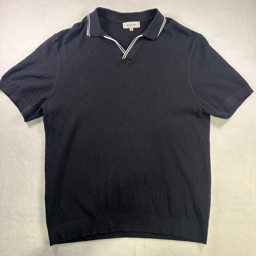 Bugatchi Mens Black Waffle Knit Polo Shirt Johnny Collar GH563JC1 XL